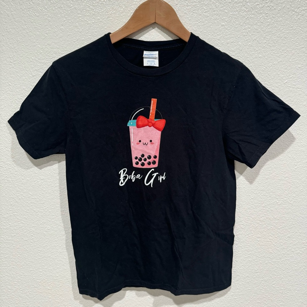 Kids Port & Company Girls Black Pink Boba Girl Graphic T-Shirt L 11/12